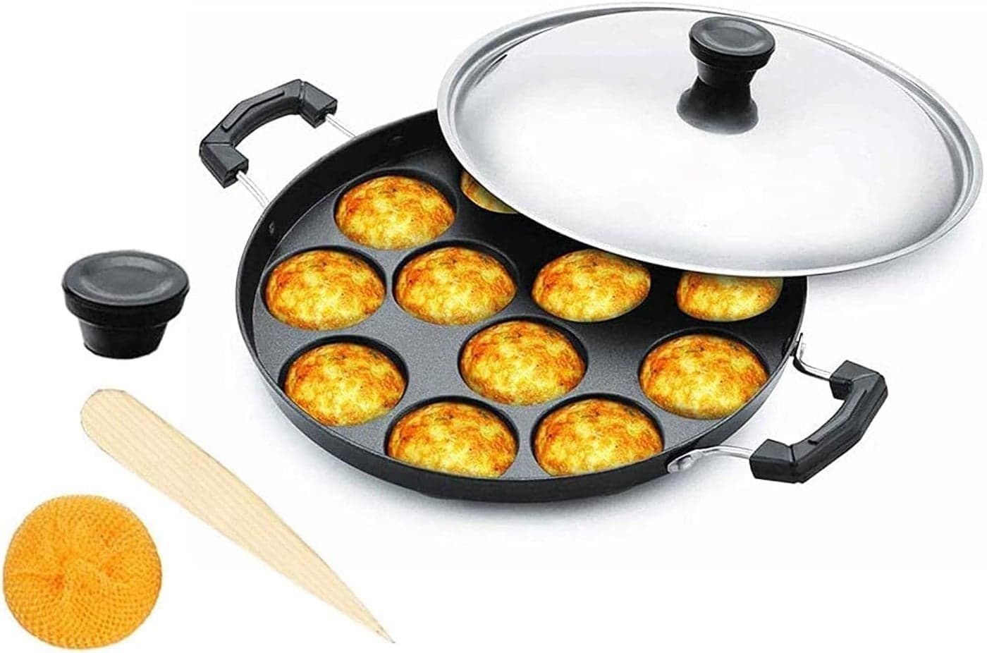 YADNESH Nonstick Aluminum Appam Pan 12 Pits Includes Lid Easy to Clean Dimension Length 9 Width 9 Height 2