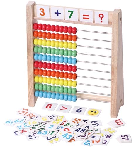 Educational Abacus for Kids Math 10 Row Wooden Counting Frame with Number 1100 Cards Teach Counting Addition and Subtraction Preschool Learning Math Toys for Boys Girls Gift 3 4 5 Year Old