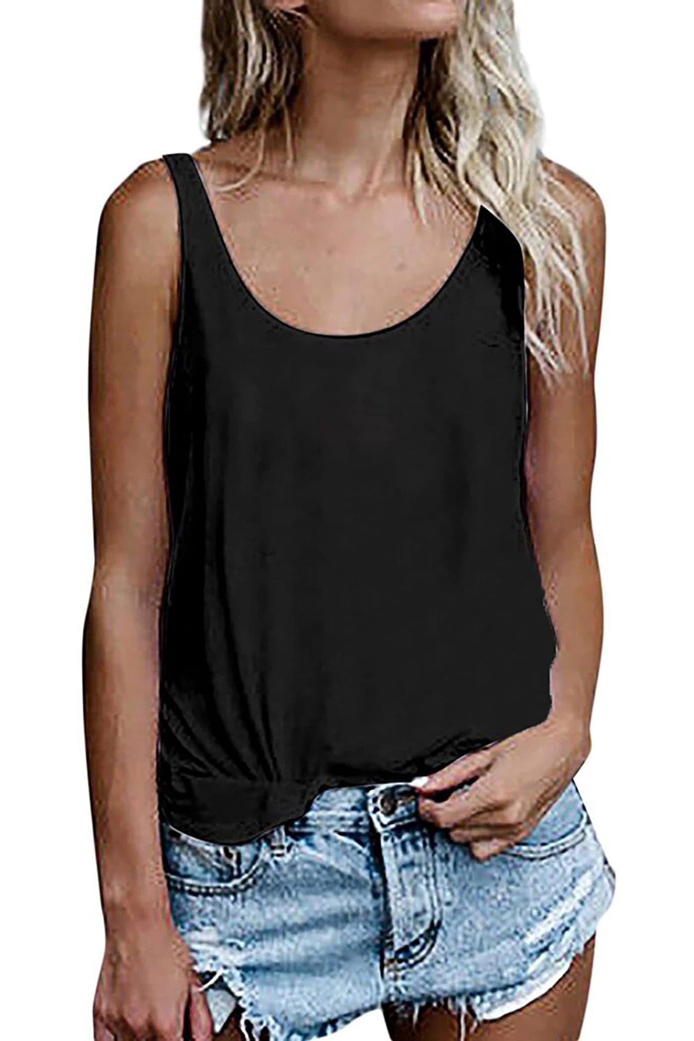 Women Shirts Sleeveless Summer Tunic Loose Fit Tank Tops (XL, Solid Black)