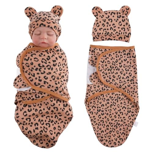 BABESIDE Reborn Baby Doll Accessories Clothes Swaddle Blanket with Leopard Print and Hat for 1724 Baby Doll Pretend Play Gift for Kids