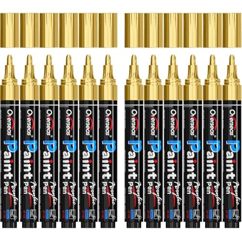 Overseas Gold Paint Pens Permanent Acrylic Paint Markers 12 Pack WaterBased Quick Dry Waterproof Marker Pen for Rock Wood Plastic Metal Canvas Glass Fabric Card Mugs Medium Tip