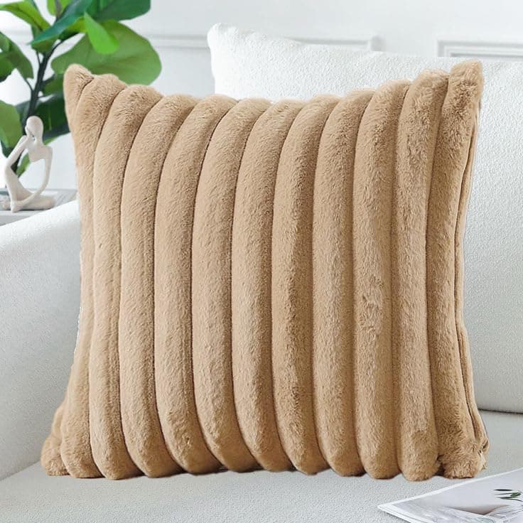 AEROHAVEN™ Premium Faux Rabbit Fur Plush Luxury Soft Fluffy Striped Decorative Throw Pillow/Cushion Covers for Sofa, Couch, Living Room - CC283 - (1, Khaki, 18 x 18 Inch)