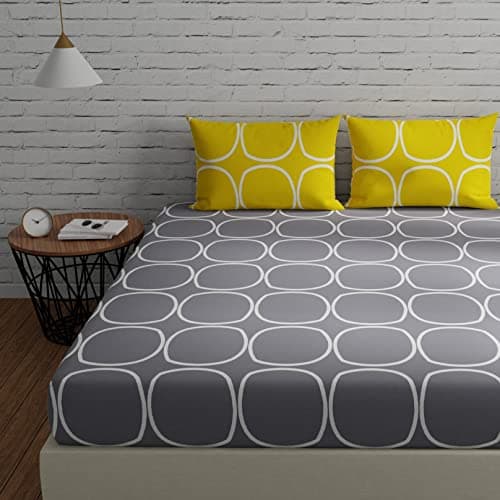 Huesland by Ahmedabad Cotton 144 TC Double Bedsheet Cotton with 2 Pillow Covers - Grey & Yellow
