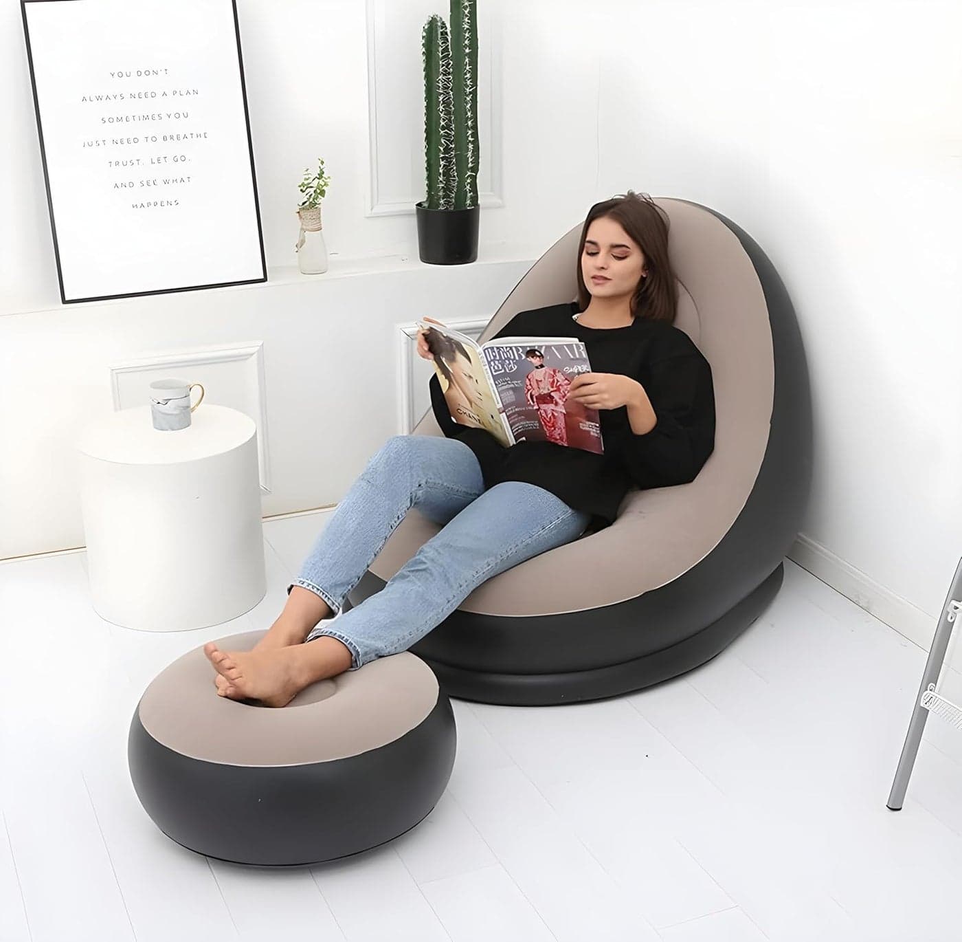 GENZI Portable Inflatable Sofa Chair with Foot Stool Plush Smooth Surface 91 cm x 51 cm x 64 cm for Living Room Bedroom Outdoor Camping