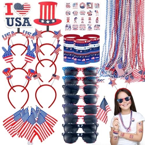 PLOUGVI 188PCS 4th of July Accessories Set Party Favors Supplies Decorations for Independence Day Memorial DayInclude Headbands Glasses Necklaces Bracelets Tattoo Stickers USA Flag