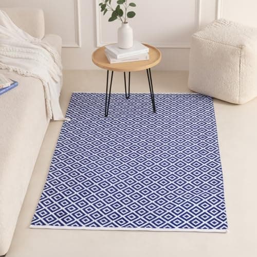 HOMEMONDE Pit Loom Area Rug, Cotton Diamond Design Bedroom, Living Room Carpet, Hand Woven Washable Floor Mats - (Blue & White, 4 x 6 Feet)