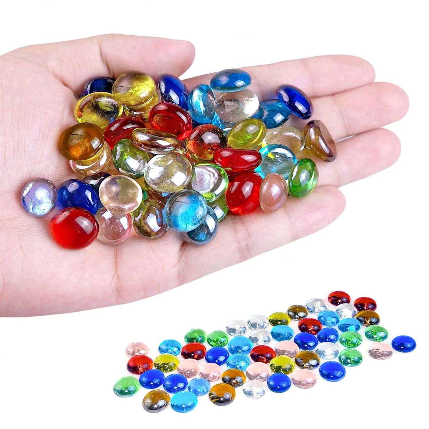 KINGOU 50 pcs Replacement Mancala Stones Mixed Colored Flat Glass PebblesBeadsGems for Games 1215mm