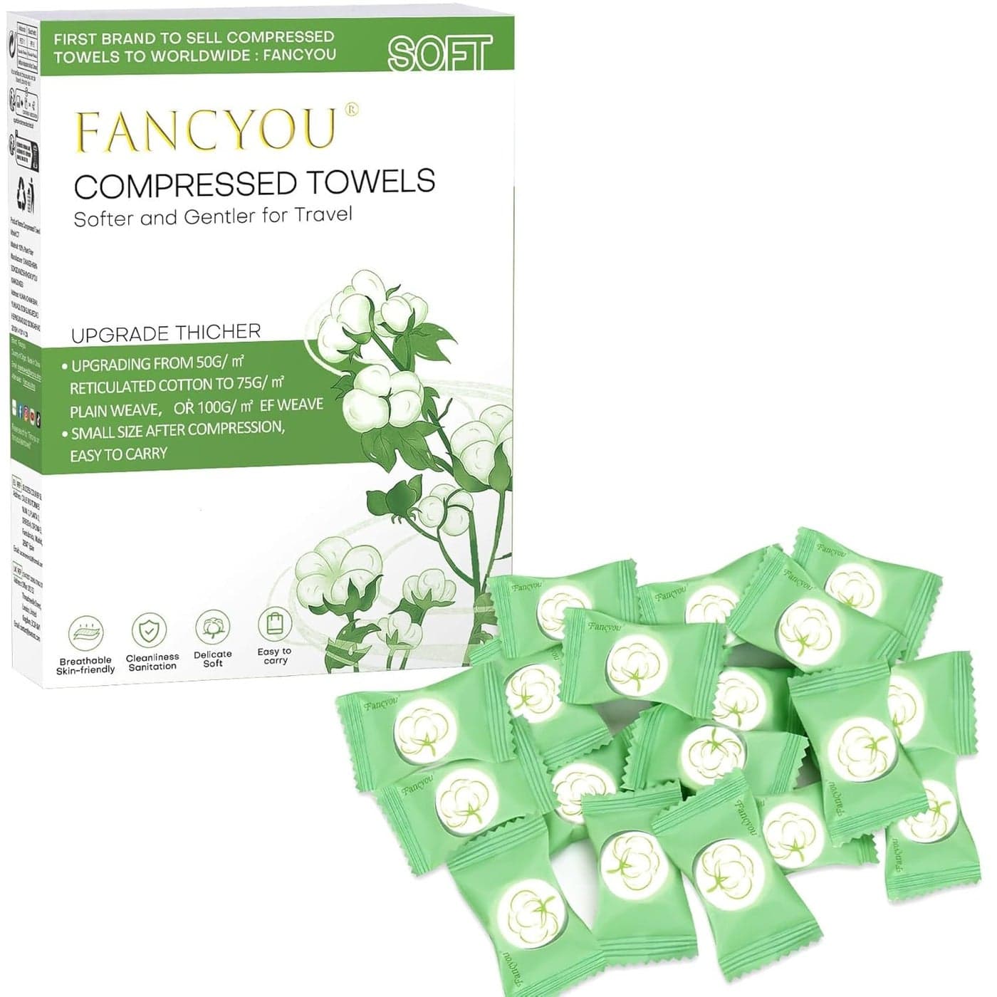 Compressed Disposable Face Towel 100 PCSThicken Facial Cleansing Cloths TowelettesMini Travel EssentialsCompact Portable Wash Cotton Wipes Tablets Coin Tissues for Camping HikingGreen