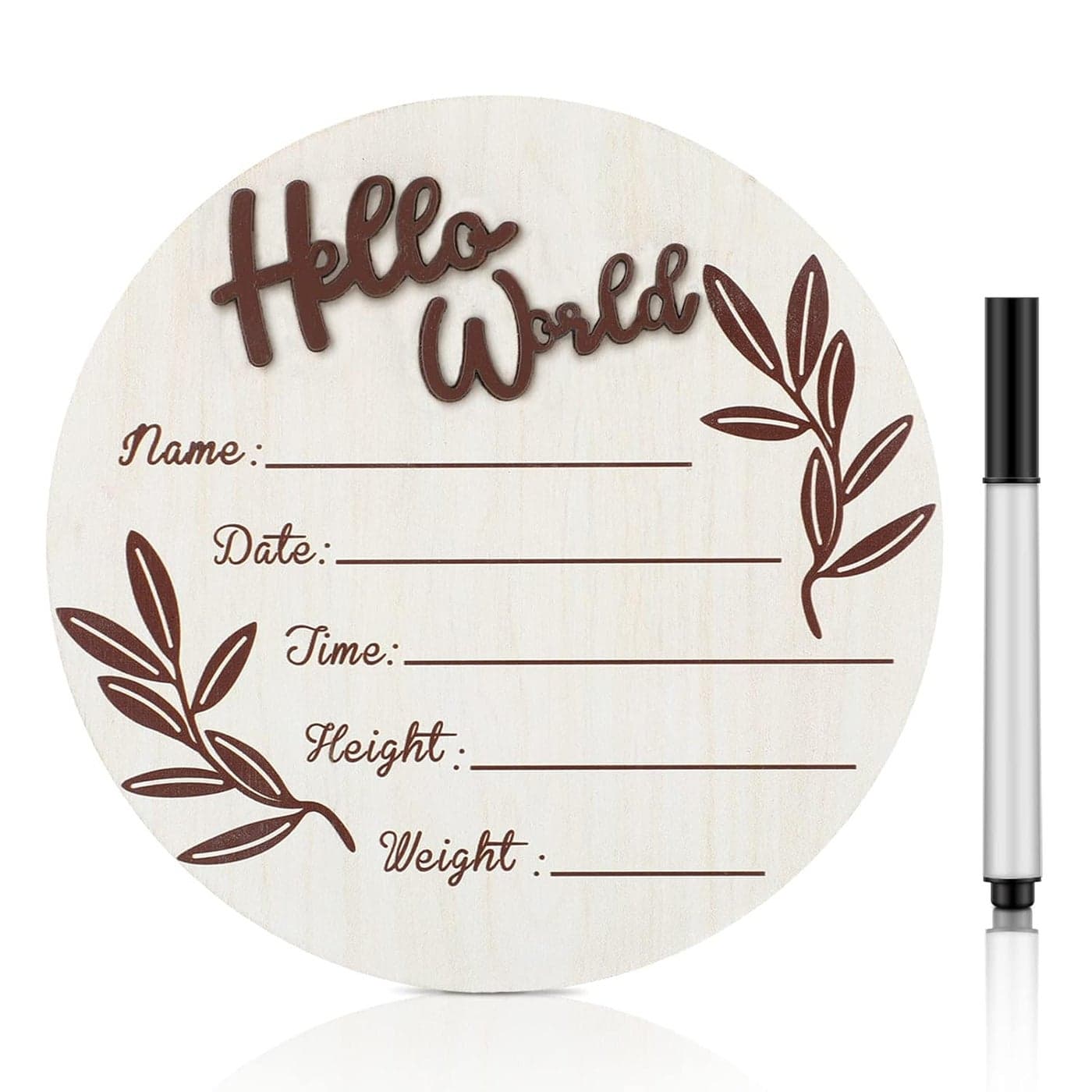 Queekay Baby Birth Announcement Sign Newborn Hello World Sign 59 Kid Birth Name Plaque Wooden Hospital Nursery Milestone Decor for Baby Shower Newborn Gift Photo Prop Decor with Marker PenRound
