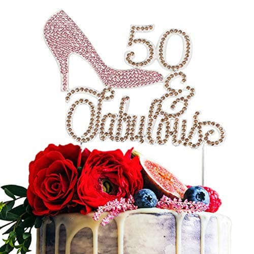 LINGTEER 50 Fabulous Pink High Heel Rhinestone Crystal Cake Topper Perfect for 50th Birthday Anniversary Party Keepsake Sparkle Decoration