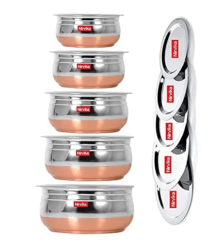 Nirvika Steel Handi Set 5Pc Pcs Piece Mirror Satin Copper Bottom Milk Pot Pan/Biryani Tope/Punjabi Pateli/Tapeli/Cookware Set Of 5 Pieces Size: 1.500 L,1.200 L,1.000 L,0.800 L,0.500 L (Urli),1500Ml