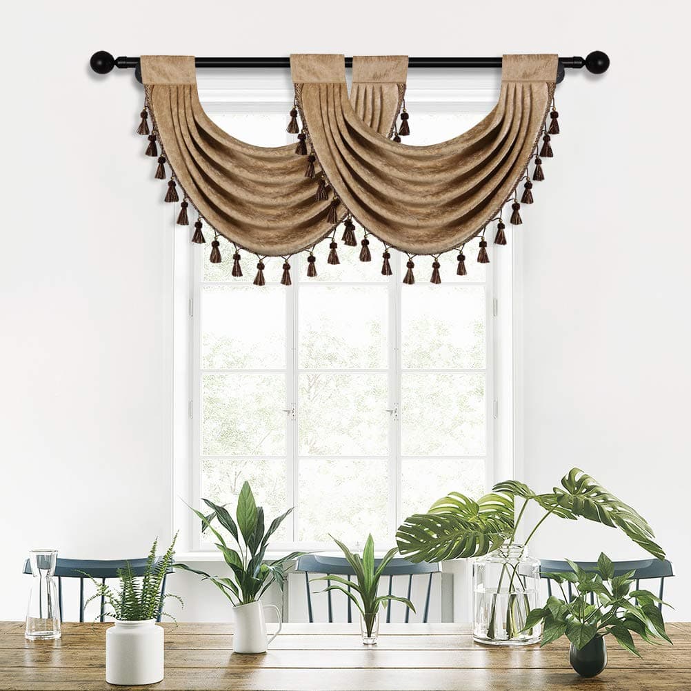 ELKCA Thick Chenille Waterfall Swag Valances for Living Room Valance Curtains for KitchenPack of 2 Coffee 30 W x 22 L