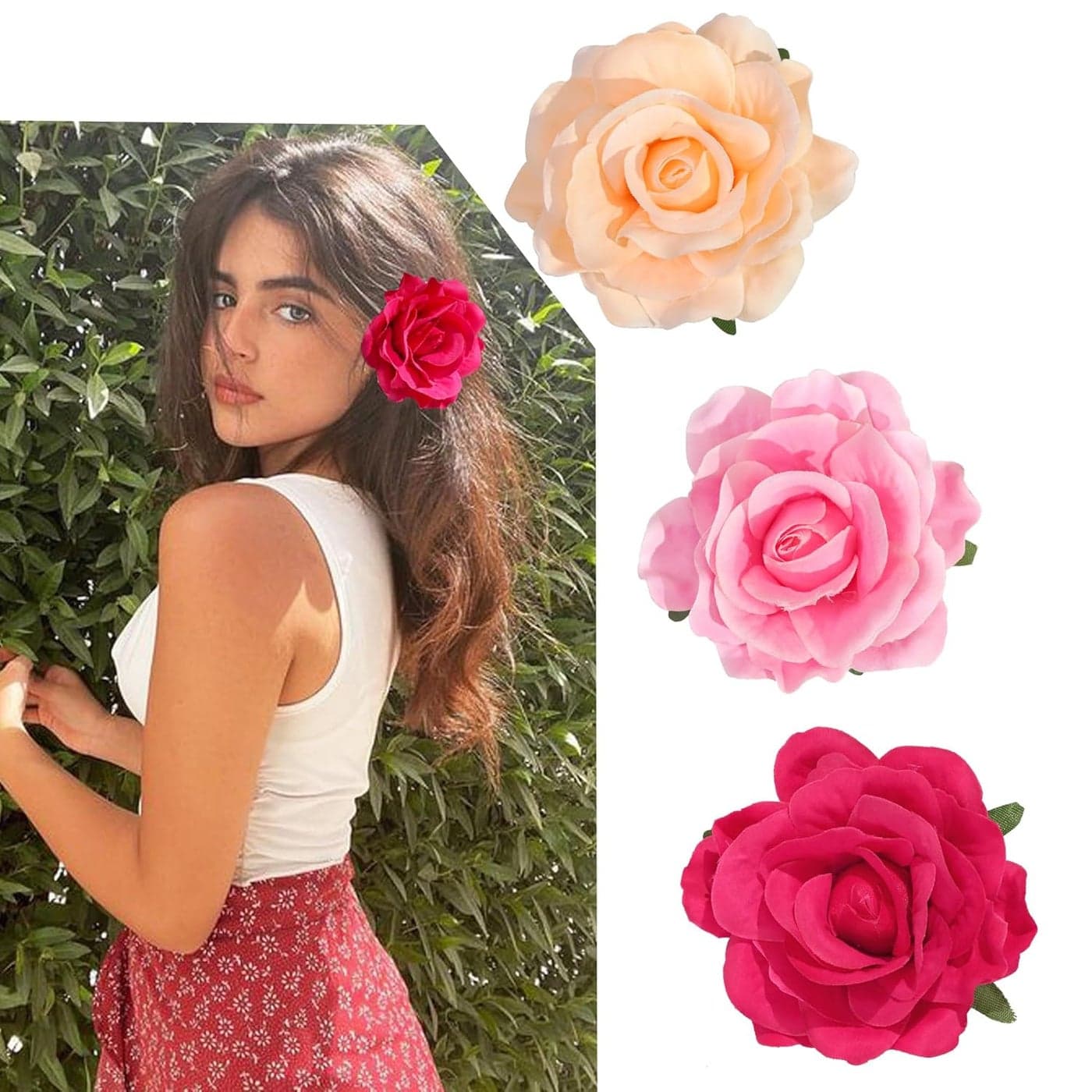 Tropical Hawaiian Hair Clips Set 3Pcs Rose and Artificial Flower Clips for Women Wedding Summer Beach Luau Party 4 Inch