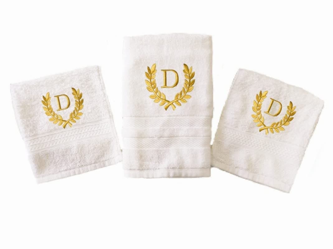 Mrunals Fashion1 Hand 2 Face Towel with Alphabet EmbroideryPack of 3 Golden Embroidery Hand Towel 150 GSM Size 16 W X 27L inch Face Towel 60 GSM Size 12 X 12 inch Golden Embroidery D