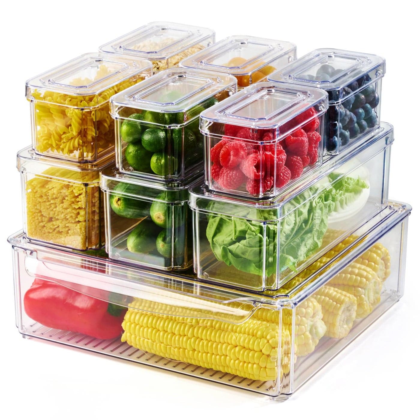 Luckore 10 Pack Clear Fridge Organizer Stackable Refrigerator Organizer Bins with Lids Fridge Storage Containers for Kitchen Food Cabinets Fruits Vegetables Cereals