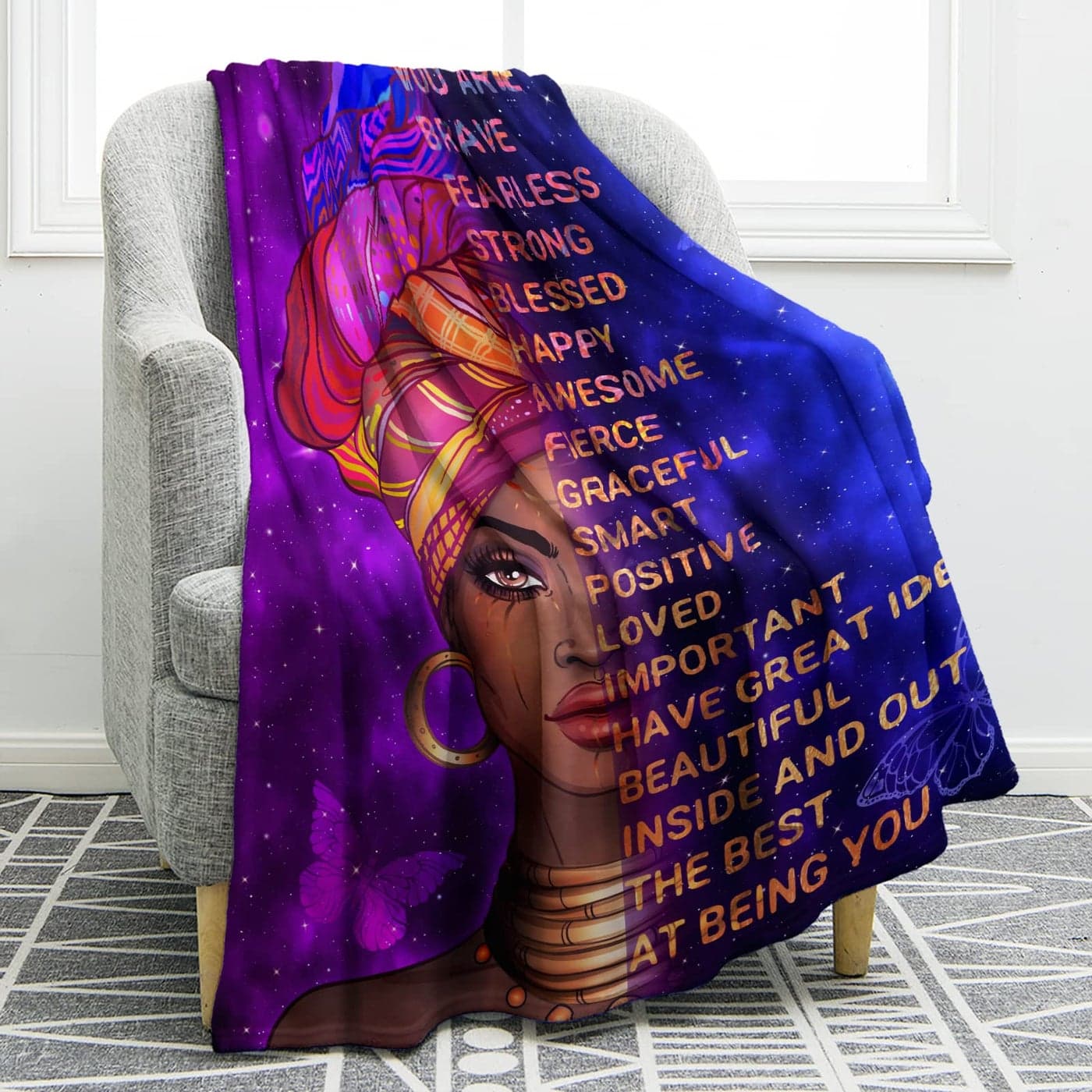 Jekeno African American Black Girl Lady Women Blanket Inspiring Positive Quotes Throw Purple Gifts for Birthday Mothers Day Christmas Halloween Decor Soft Cozy Plush Blankets Colorful 60x80