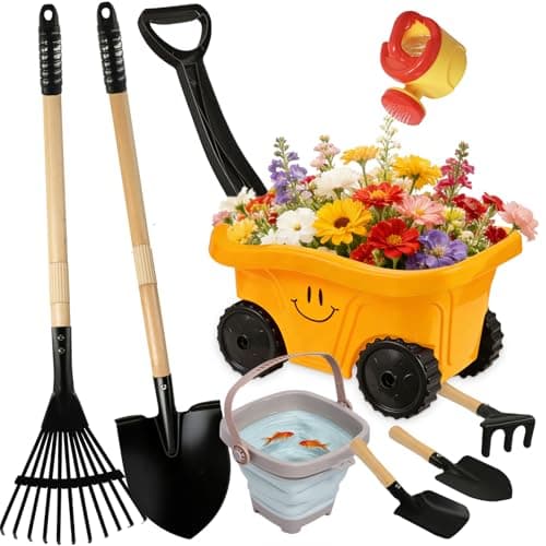 CHEERBANK Toddlers Rake & Shovel Set with Wheelbarrow, Kids Yard Tools for Digging, Gardening, Beach, Sandbox, Lawn, Camping, Summer Outdoor Garden Toys Gifts for Children Age 2-5 Years Old
