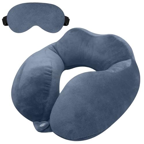 GREELI Rover Travel Neck Pillow – Soft Fiber Filled with Snap Button, Plush Fabric, for Flight, Bus, Car, Neck Pain Relief (Grey with Eye Mask)