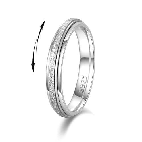 LOFITOR 925 Sterling Silver Fidget Ring for Women Band Anxiety Ring 4mm Sandblast Silver Thumb Ring Spinner Ring for Men Stress Relief Antianxiety Rings Size5