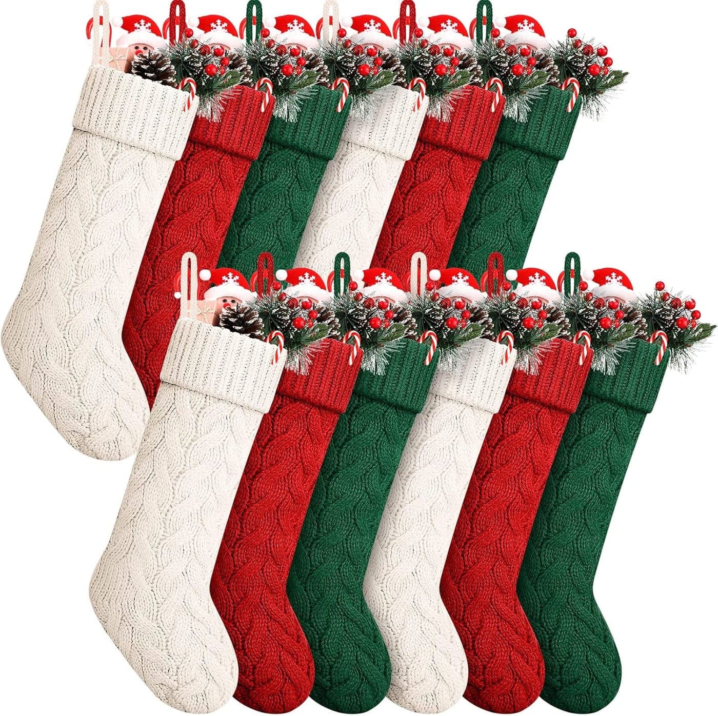 12 Pcs 6 Pairs Christmas Stockings 18 Inches Knitted Xmas Stockings Large Size Rustic Stockings Cable Knit Christmas Stockings for Family Holiday Christmas Season Decorations White Green Red
