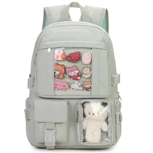 PRLINJSK Kawaii Backpack for Teen Girls, Cute Aesthetic High Middle School College Bookbag with Accessories, Green