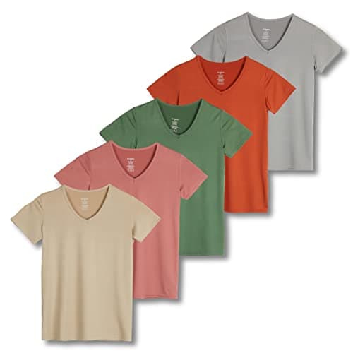 Real Essentials 5 Pack: Women's Dry Fit Short Sleeve V Neck Workout Top - Fitness Pilates Gym Athletic Yoga T-Shirt (Plus Available), Set 12, M