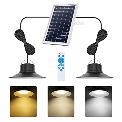 NIORSUN Solar Indoor Lights Outdoor, LED Solar Pendant Lights 3 Color Dimmable Lighting with Remote Control, Gazebo Lights,2x16.4ft Cable IP65 Waterproof for Garden, Patio, Garage, Camp(2 Pack)