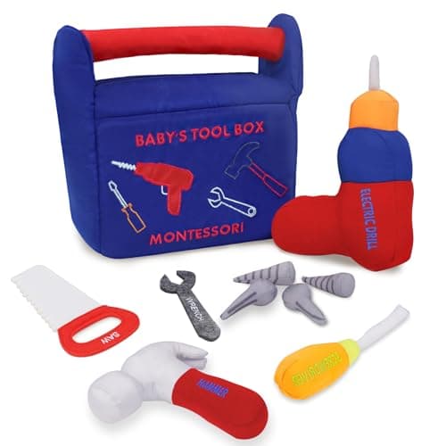 My First Tool Box Baby 10Piece Soft Plush Sensory Baby Tool Playset with Electric Drill Saw Wrench Hammer Screwdriver and Screws for Early Montessori Education and Boy Girl Toy Gift Blue