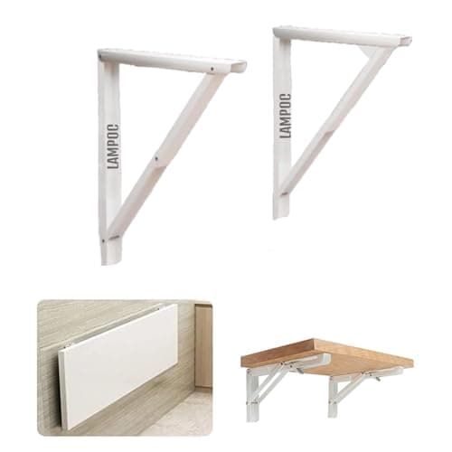 LAMPOC Solid Folding Shelf Table Brackets | Folding Shelf Table Hinge Wall Mounted Powder Coated Finish Steel Collapsible Shelf Bracket (Only Brackets with Screws and Screw Plugs)(White, 18 Inches)
