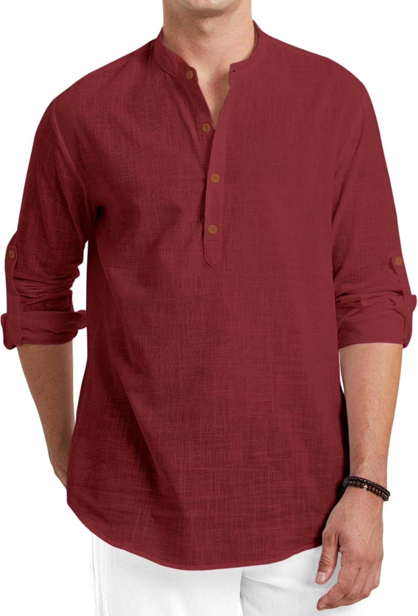 ROYALSCOUT Men Cotton Blend Full Sleeve Short Kurta Maroon