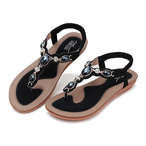 SHIBEVER Flat Sandals for Women Dressy: Black Size 7 Summer Comfort Boho Dress Sandals - Comfortable Walking Dressy Slip on Flats Womens Sandal