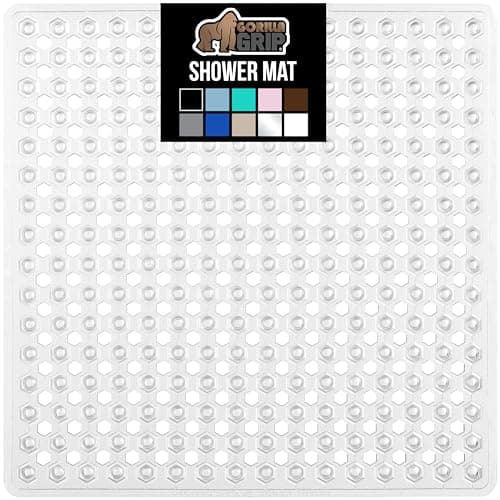 GORILLA GRIP Patented Square Shower Stall Mat, Small Bathtub Floor Mats for Stand Up Showers with Suction Cups and Drainage Holes, Machine Wash, Soft on Feet, Bathroom Accessories 21x21 Inch, Clear