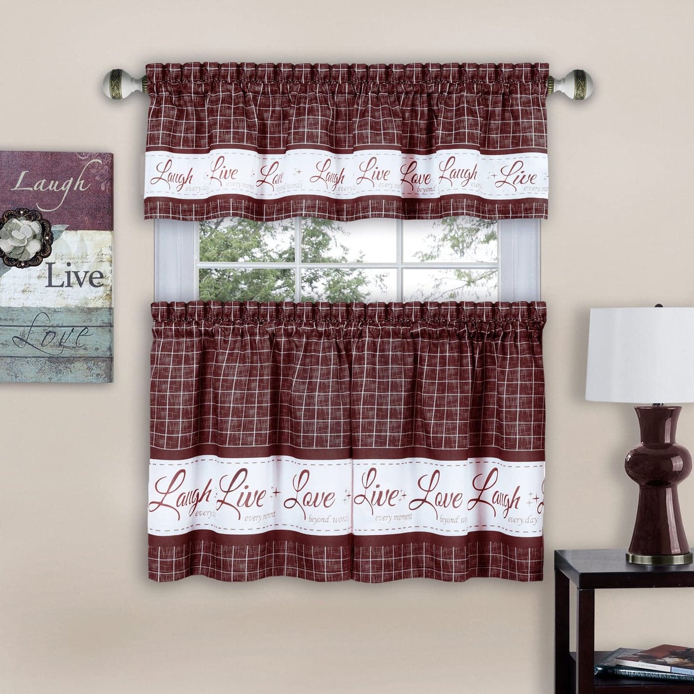 Tier and Valance Window Curtain Set 58 Inch Width 24 Inch Length Live Love Laugh Burgundy Light Filtering Drapes for Kitchen Bedroom Living Dining Room by Achim Home Decor