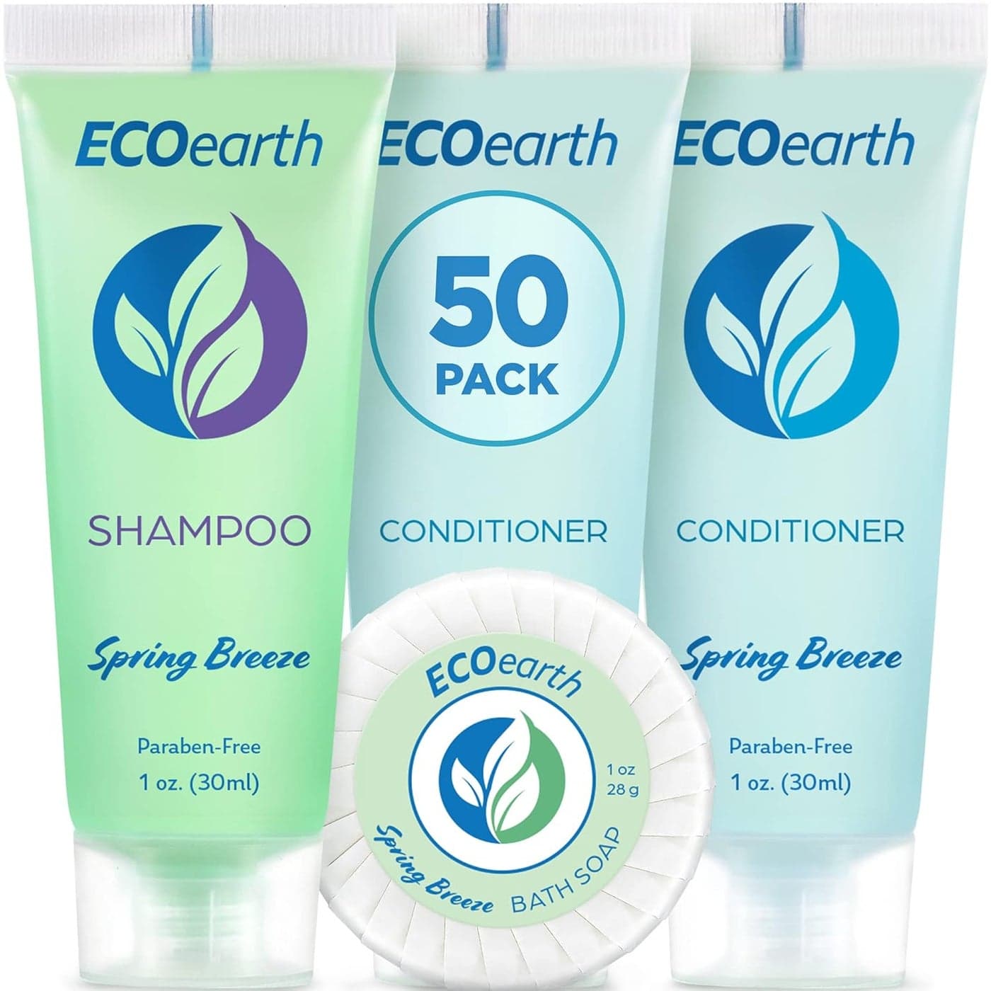 EcoEarth Soap Shampoo and Conditioner Set 1 oz each 150 Pieces Spring Breeze Hotel Travel Size Body Soaps Kit Delight Guests with Revitalizing Refreshing Hospitality Toiletries in Bulk