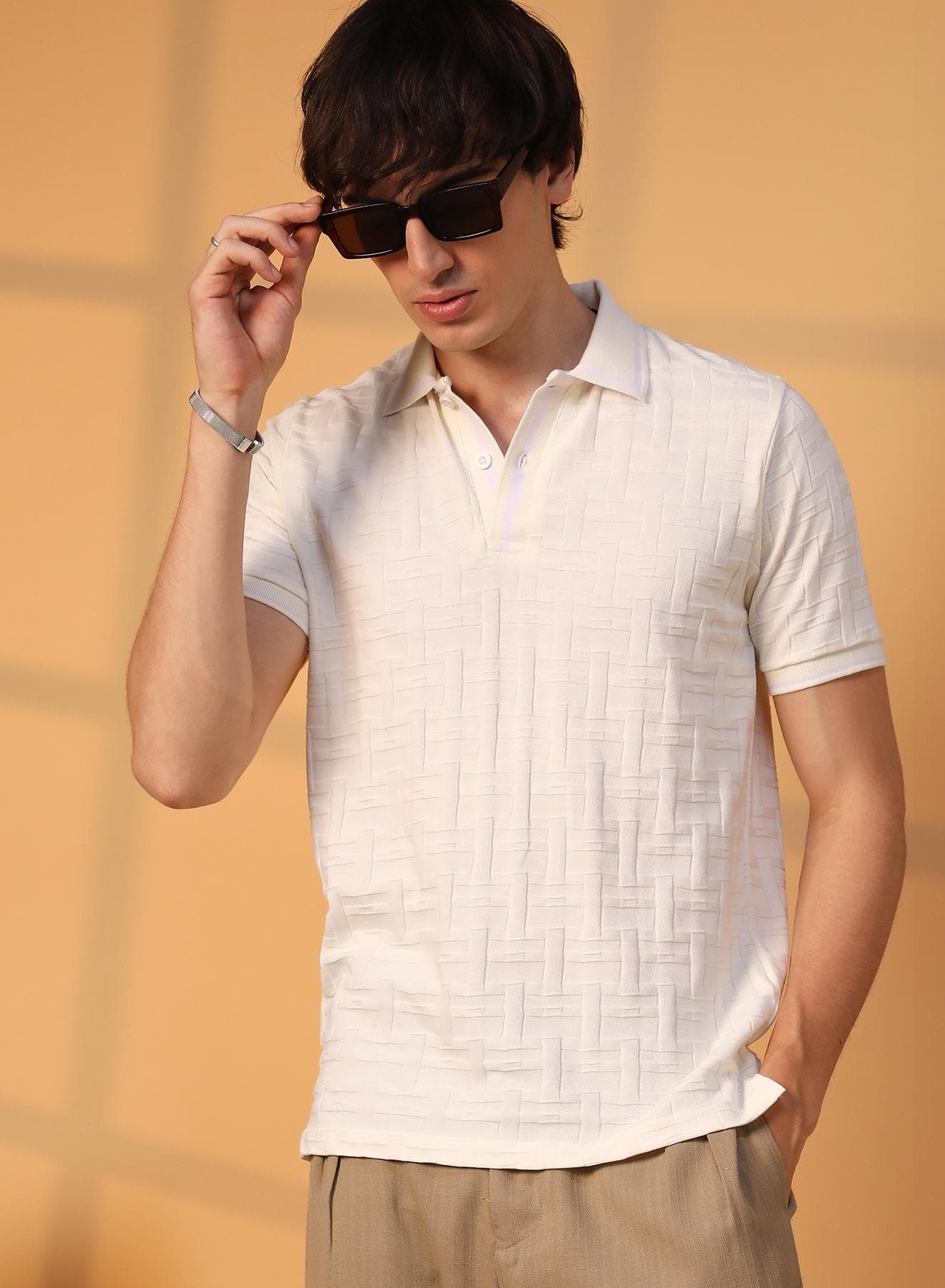 Men's Cream White Weave-Textured Polo T-Shirt
