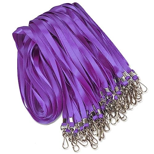 50 Pack Bulk Lanyard for ID Badge Holder Durable Flat Lanyard with Swivel Hook and Badge Clip Purple
