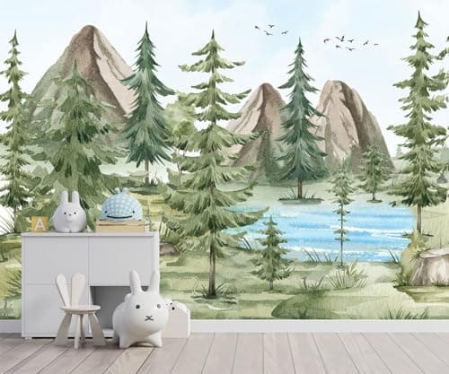 YQWDMX Watercolor Green Pine Mural Cartoon Forest Fabric Wallpaper Childrens Room 180 x 115Not Peel and Stick