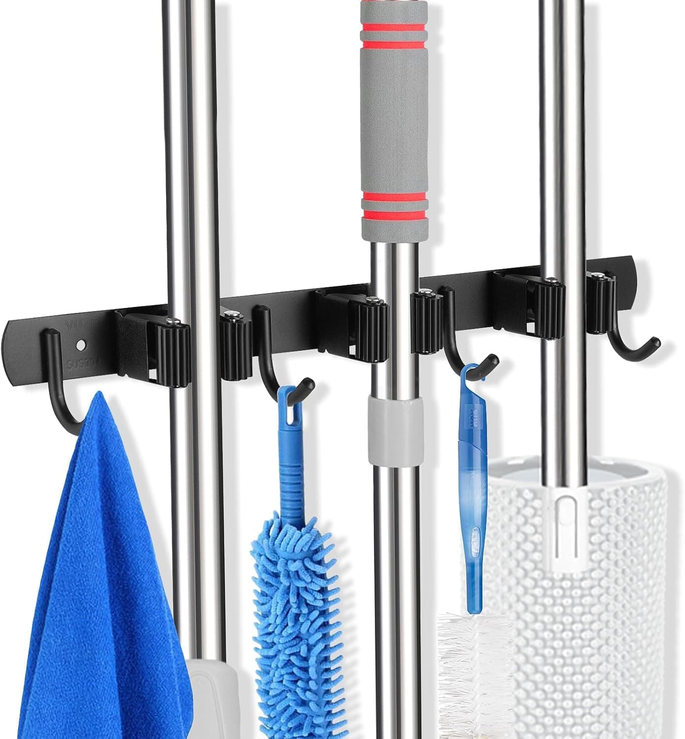 Boniry Broom Holder and Mop Organizer | Mop Holder For Wall Without Drilling with 3 Slots and 4 Hooks for Kitchen, Garage, Garden, and Utility | Space Saving Cleaning Tool Organizer (Black)