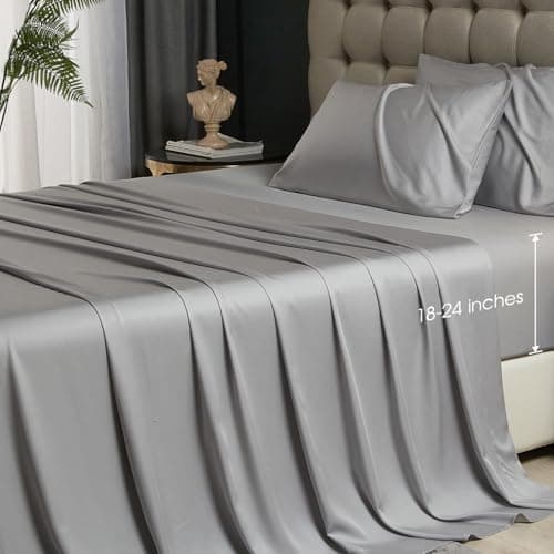 HYPREST Bamboo Derived Rayon Deep Pocket King Sheets Luxury Silky Cooling Bed Sheets Fits 1824 Thick Mattress Light Grey 4 Count