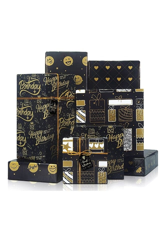 Birthday Wrapping Paper, Recycled Gift Wrapping Paper Black Gold Design Jute T and Gift tag, Gift Wraps for Birthday, Valentines, Graduation, Baby Shower, 27.5x19.6inch