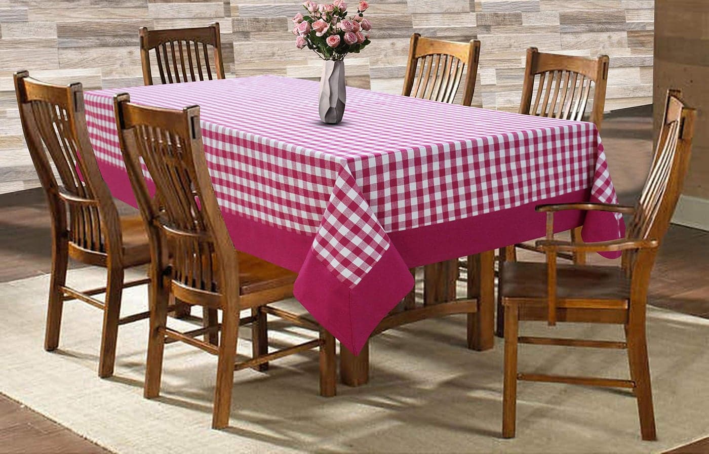 AIRWILL Cotton Checkered Pattern 6 Seater Table Cloth Pack of 1 pc (Pink)