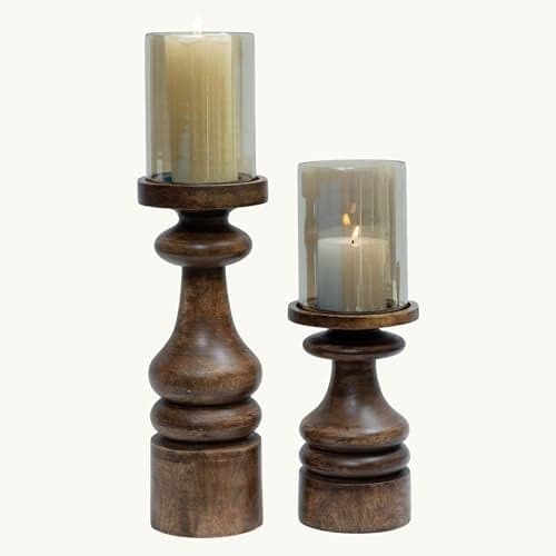 DREAMY WALLS Wooden Candle Holder Stand - Set of 2 Mango Wood Candle Stands for Home Decor with Glass, Dining Table Centerpiece, Round Pillar Candle Holder, Decorative Candle Stands for Home Decor