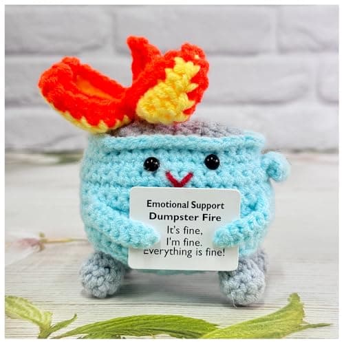 Emotional Support Crochet Dumpster Fire with Positive Card Cute Room Decor Knitted Toys Funny Crochet Support Buddies Gifts for Friends (Blue)