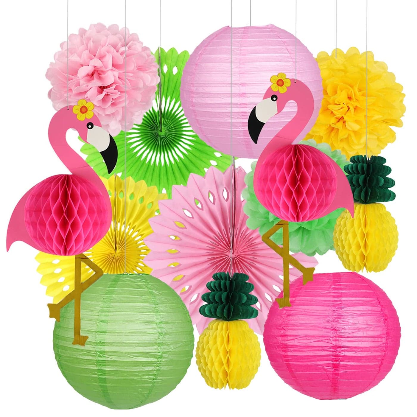 YUNXUAN Flamingo Party Supplies Hawaiian Party Decorations Flamingo and Pineapple Honeycomb Ball Paper Lanterns Paper Fans Pom poms Flowers for Birthday Luau Tropical Bachelorette Party
