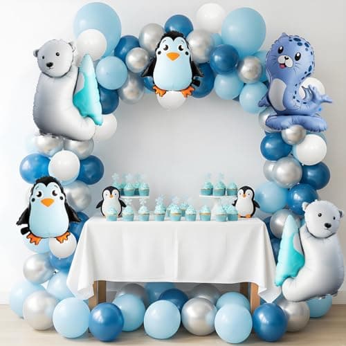 LaRandom 108 Pcs Winter Party Decorations Polar Bear Penguin Seal Christmas Balloon Arch Garland Kit Blue White Silver Foil Latex Balloons for Winter Christmas Baby Shower Birthday Party Decorations