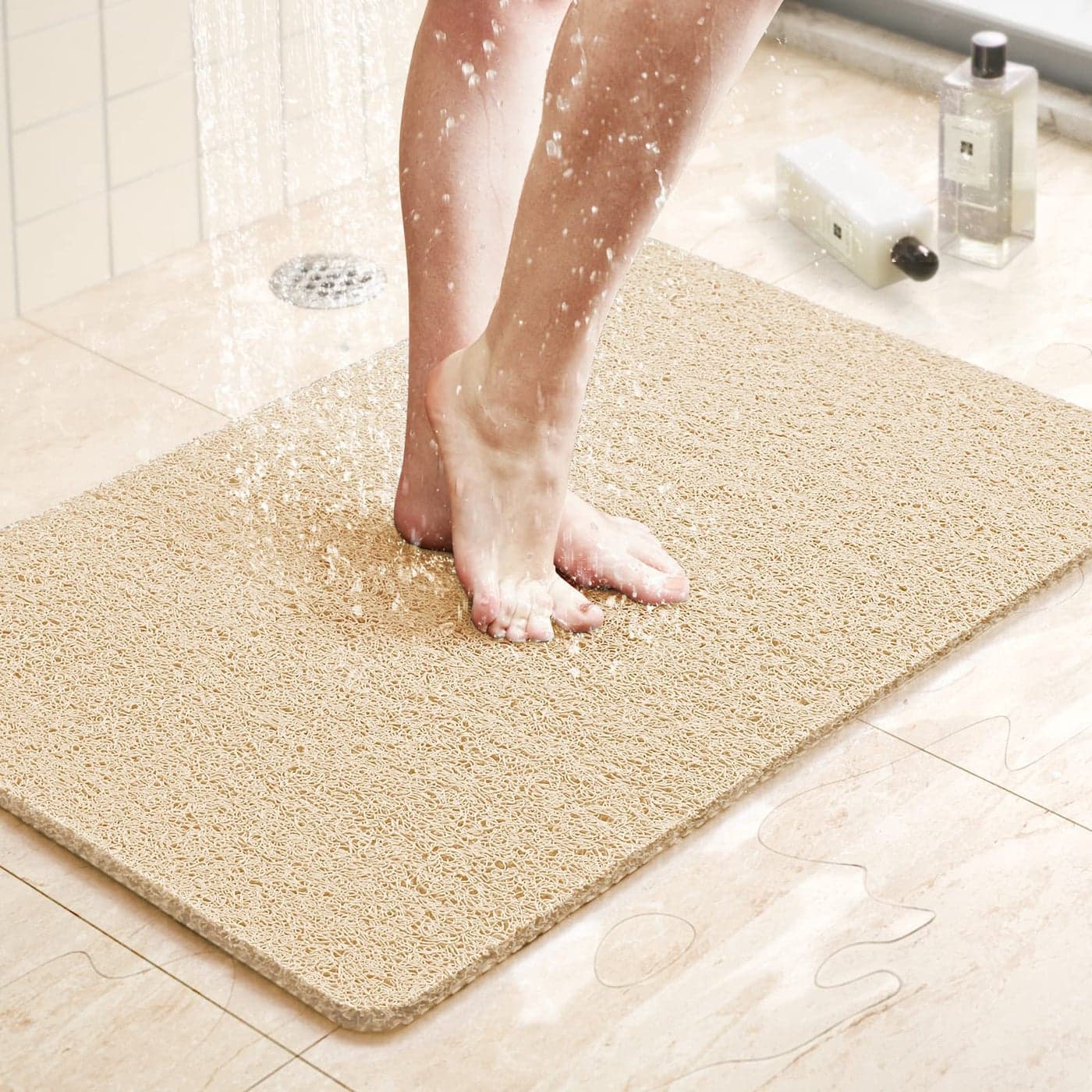 LuxStep Shower Mat Bathtub Mat24x16 inch NonSlip Bath Mat with Drain Quick Drying PVC Loofah Bathmat for TubShowerBathroom Phthalate FreeKhaki