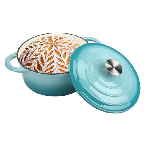 COOKWIN Enameled Cast Iron Dutch Oven, 5 QT Bread Baking Pot with Self Basting Lid, Non-stick Enamel Coated Cookware Pot, Great Christmas Gifts for Family, Teal