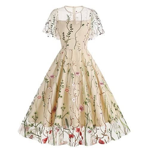 Summer Floral Embroidery Dress for Women Flutter Sleeve Flower Embroidered Tulle Prom Dress Mesh Sheer Illusion Sweetheart Formal Evening Dress Vintage Cocktail Party Dress Apricot-Ruffle Sleeve S