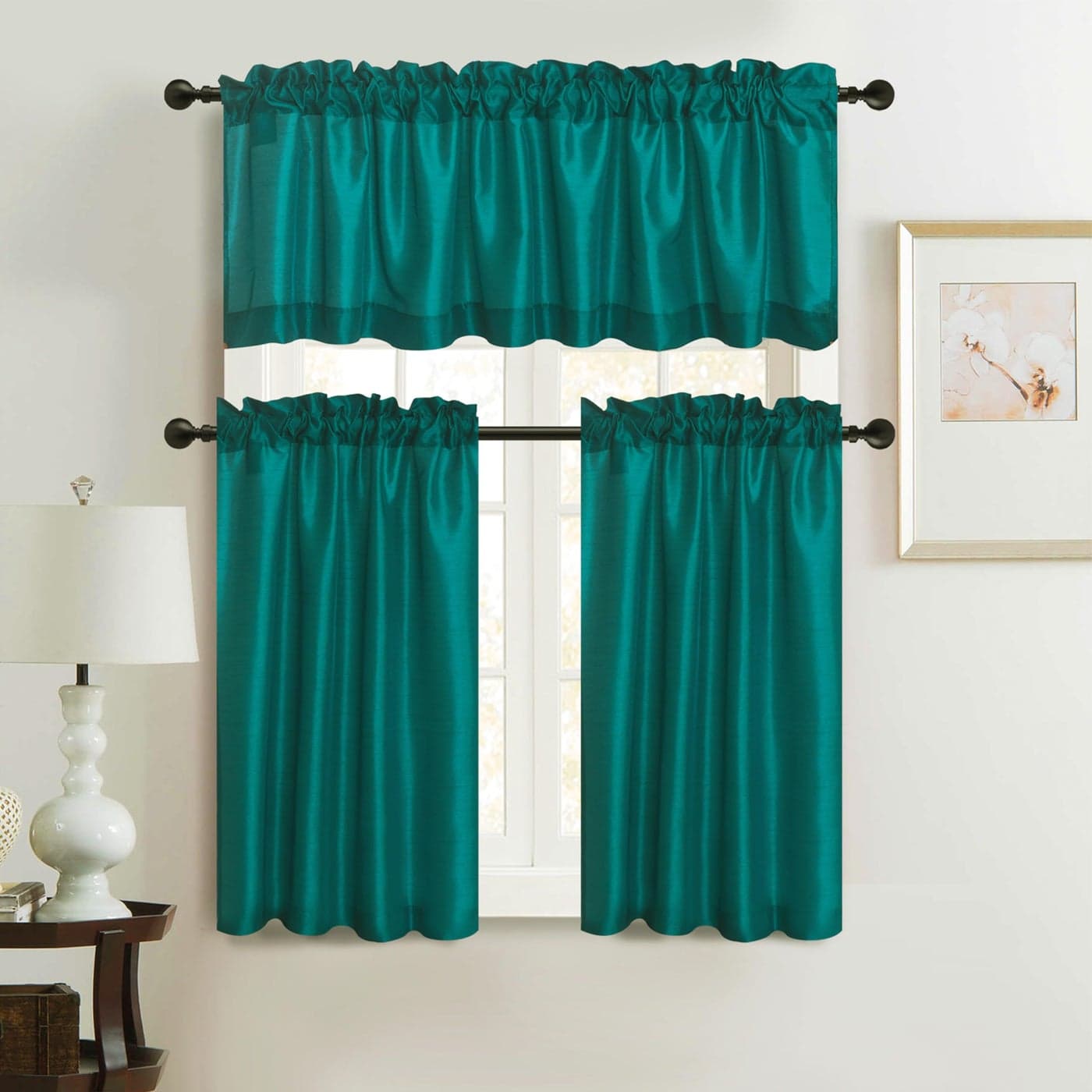 Faux Silk Kitchen Valance Set 36 Inch Tier Curtains with Rod Pocket for Living Room Bedroom Bathroom Farmhouse Rustic Country Style 3 Piece Set Teal