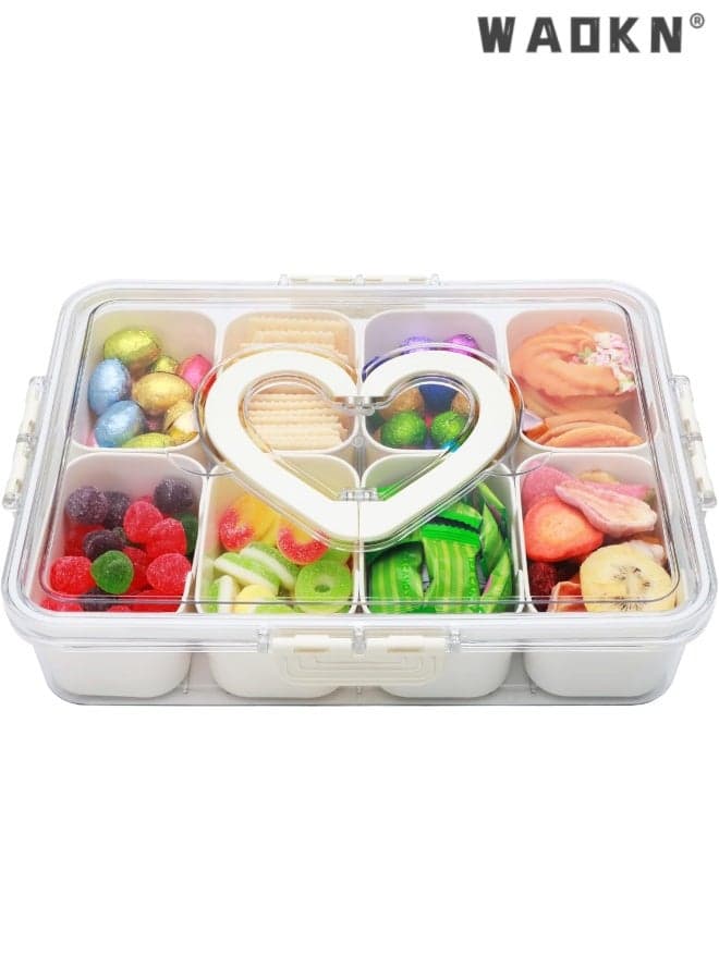 Divided Serving Tray with Lid and Handle , Snackle Box Containers with 8 Compartment , Portable Snack Serving Platters Reusable Store Organizer for Fruits,Nuts , Candy , Party , Picnic ,Veggies , white .